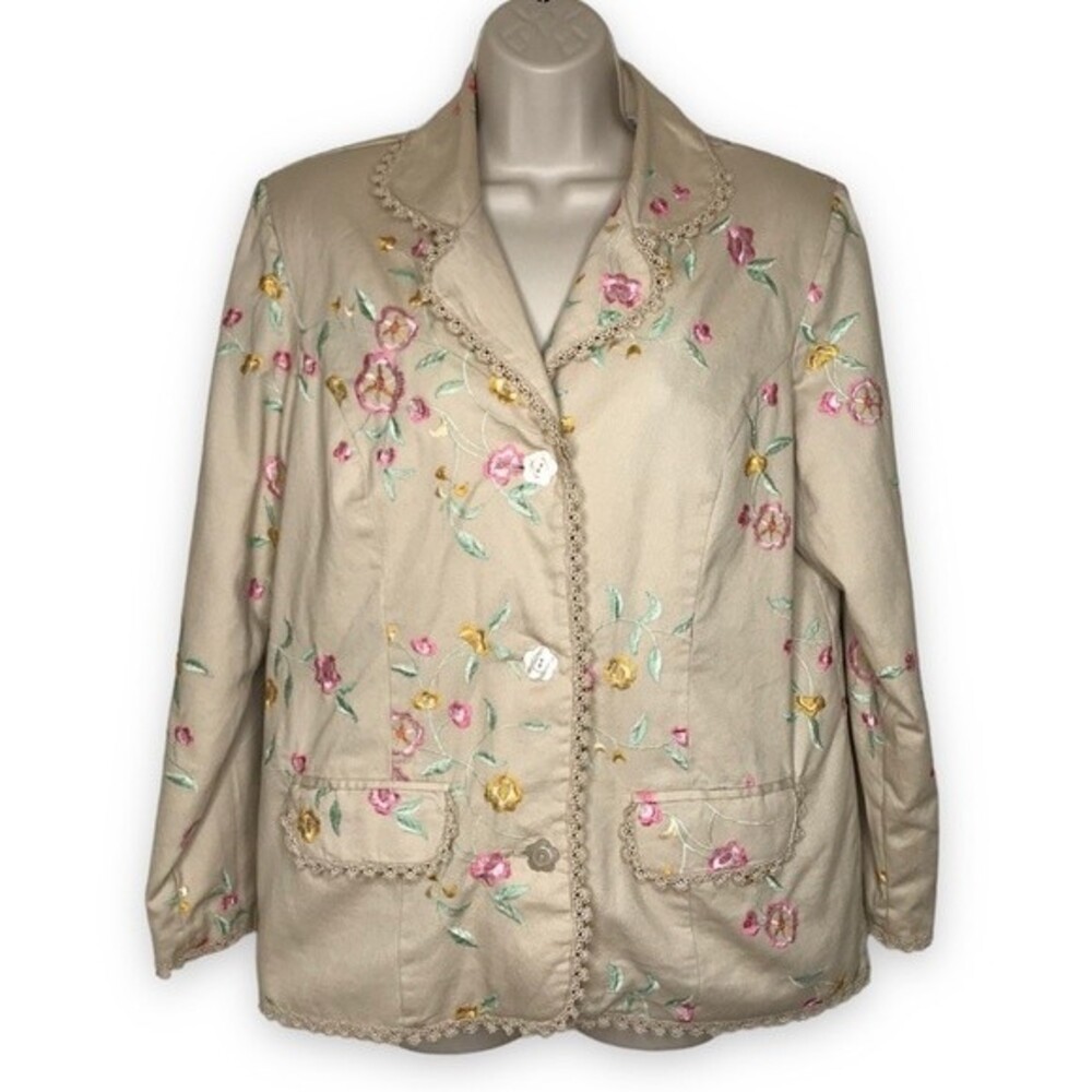 Vintage Two Twenty Blair Embroidered Tan Cotton Blazer Jacket Lace Trim Medium